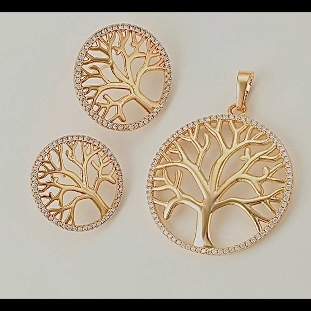 Tree of life Set:earrings, pendant w/ white stones
